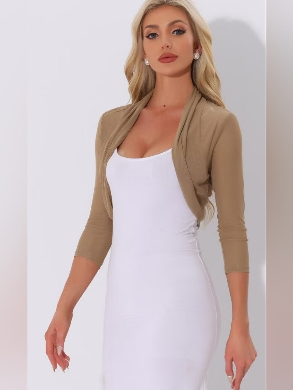 Inspire Mesh Bolero Shrug in Dark Khaki - Picture 3 of 7